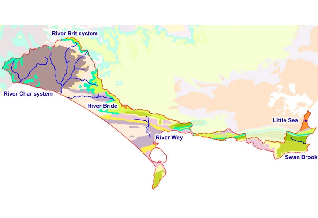 Map of the Dorset coast with rivers marked in bright colours