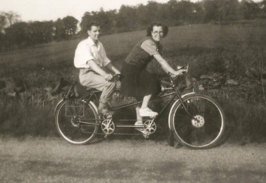 Old photo of Jules' parents on tandem bike
