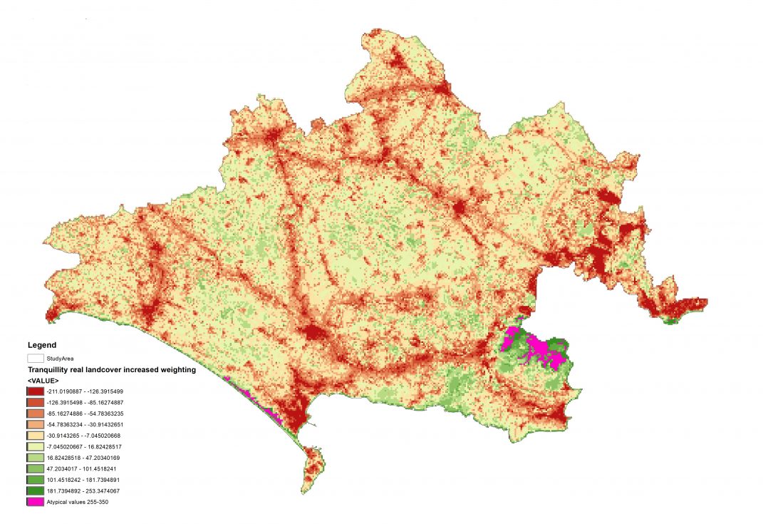 Map showing tranquillity with real landcover increased weighting excluding atypical values
