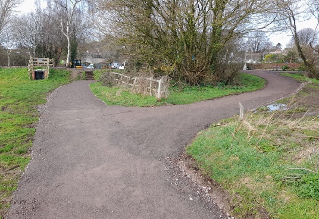 A fork in a pathway between winter trees and parkland