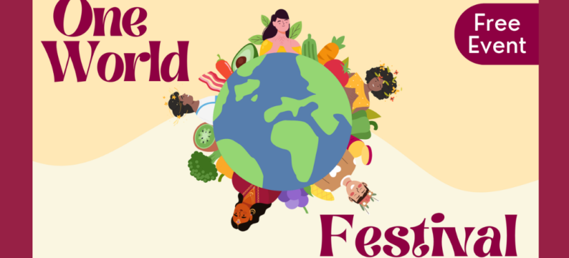 One World Festival logo. Shows a globe with multicultural people joining hands.