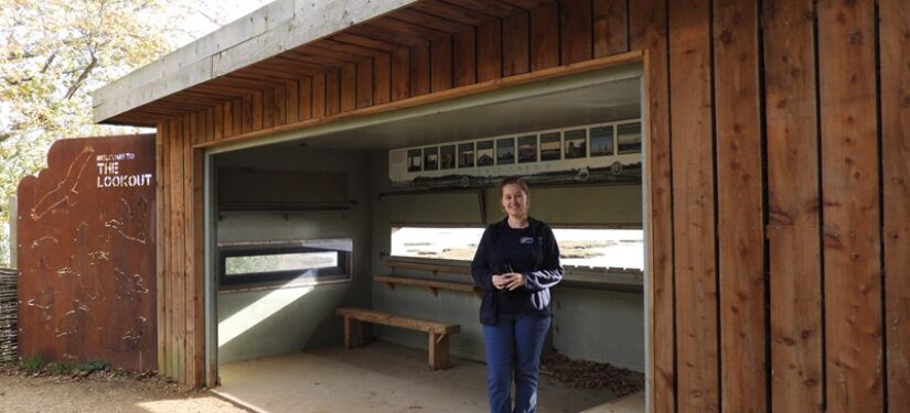 A wooden bird lookout, with a girl standing in front of it.