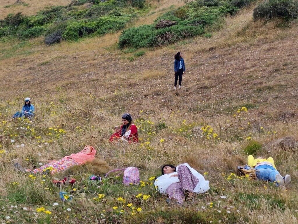 Several people resting, sitting, or lying in tall grass dotted with yellow wildflowers on a sloping hillside with scrubby bushes above.