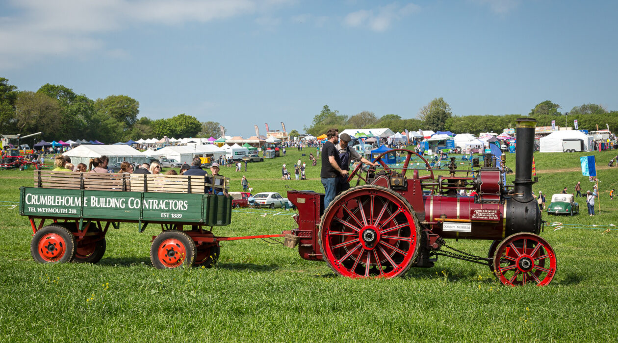 Vintage steam traction engine pulling a wagon across a showground, with visitors and event tents in the background at the Dorset Spring Show.