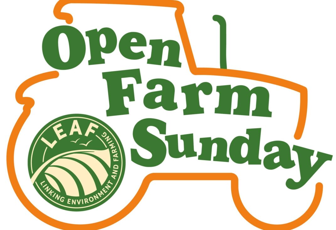 Open Farm Sunday logo featuring green text inside an orange outline shaped like a farm tractor, alongside a circular ‘LEAF – Linking Environment and Farming’ badge.