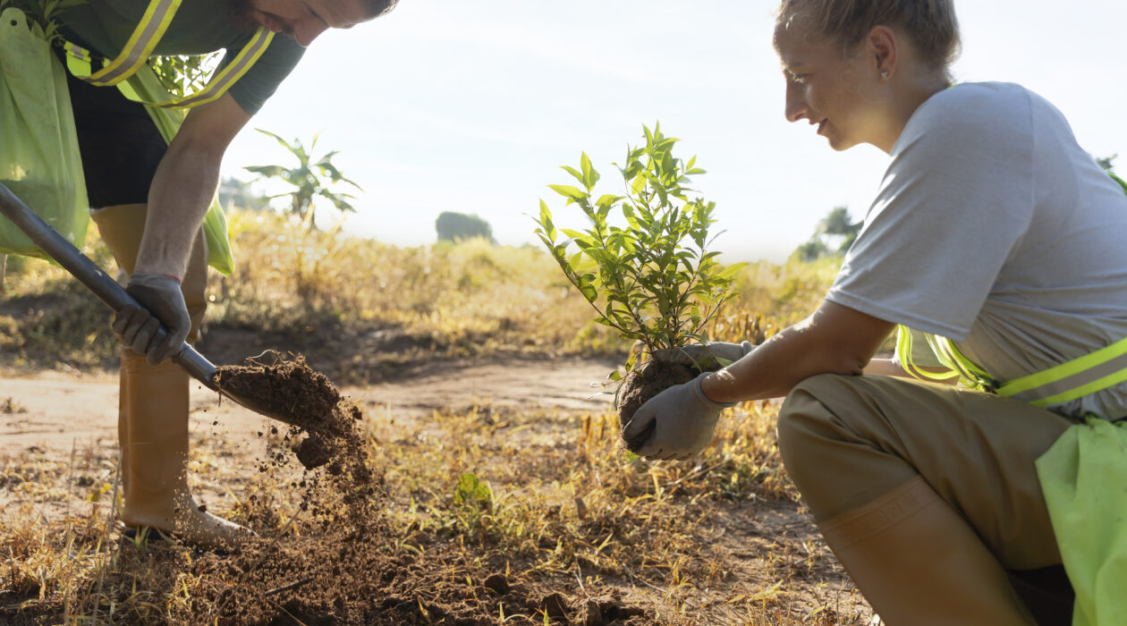 A man and woman planting a tree - he is digging and she is holding the sapling to be planted.