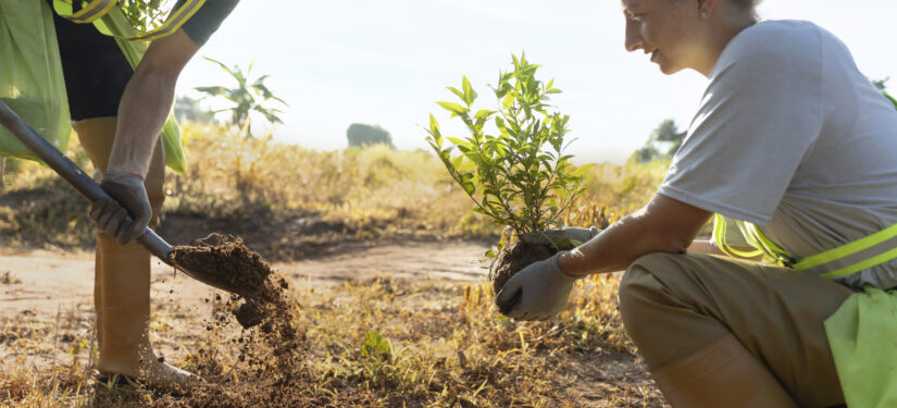 A man and woman planting a tree - he is digging and she is holding the sapling to be planted.