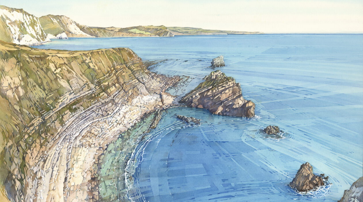 Watercolour painting by Cathy Veale depicting the dramatic cliffs and turquoise waters of Dorset's Jurassic Coast, with sunlight reflecting across the sea beneath a clear sky.