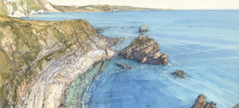 Watercolour painting by Cathy Veale depicting the dramatic cliffs and turquoise waters of Dorset's Jurassic Coast, with sunlight reflecting across the sea beneath a clear sky.