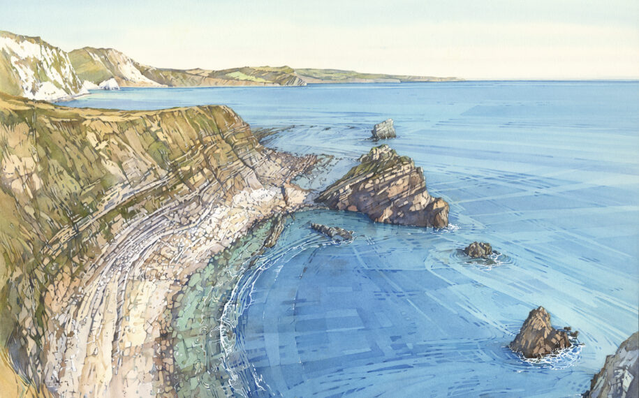 Watercolour painting by Cathy Veale depicting the dramatic cliffs and turquoise waters of Dorset's Jurassic Coast, with sunlight reflecting across the sea beneath a clear sky.