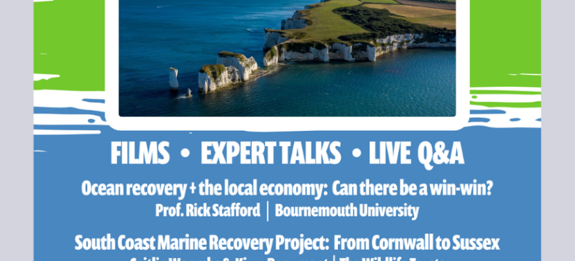 Healthy Seas, Thriving Coast event poster featuring Dorset coastline imagery, expert talks, films and a live Q&A on the future of Dorset's seas in Swanage.